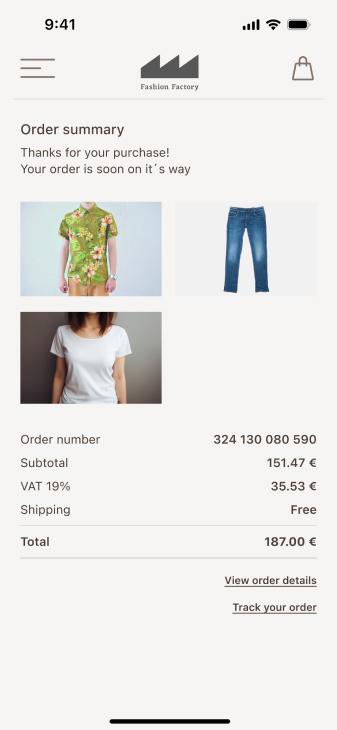 Mobiel scherm met Fashion Factory-besteloverzicht met twee kledingstukken en prijsdetails