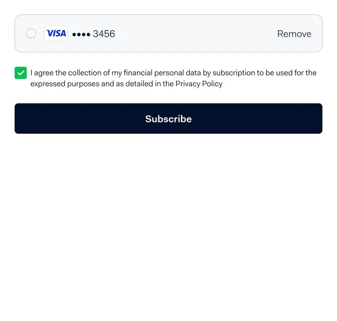Subscription interface showing a Visa card option ending in 3456 with a consent checkbox and subscribe button.