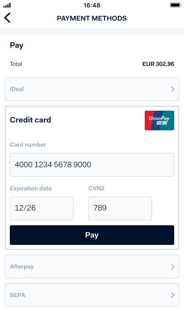 Mobiele betaalmethode-scherm met opties voor iDeal, creditcard, Afterpay en SEPA