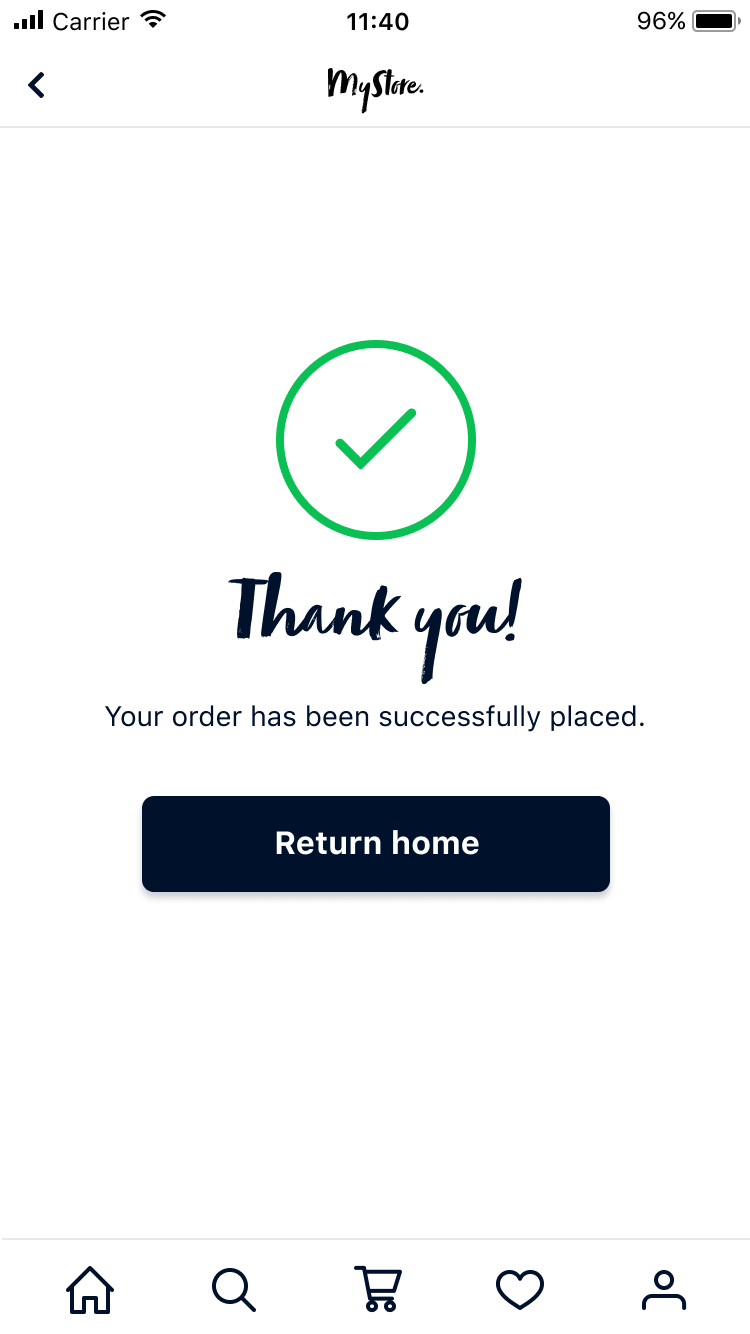 Bevestigingsscherm met een vinkje dat een succesvolle bestelling aangeeft, met de optie om naar huis terug te keren.
