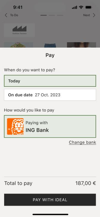 Scherm van smartphone met betaalopties met ING Bank geselecteerd als betaalmethode
