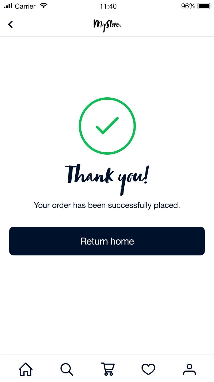 Bevestigingsscherm met een vinkje dat een succesvolle bestelling aangeeft met een terug naar home-knop