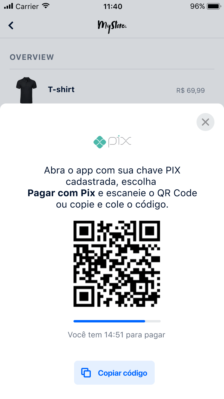 Mobiel scherm met Pix-betalingsoptie en QR-code voor aankoop van een t-shirt