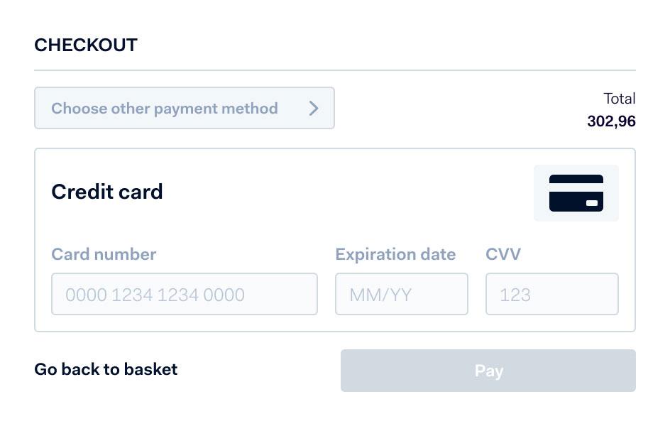 Afrekeninterface met kredietkaartbetalingsmogelijkheid en velden voor kaartnummer, vervaldatum en CVV