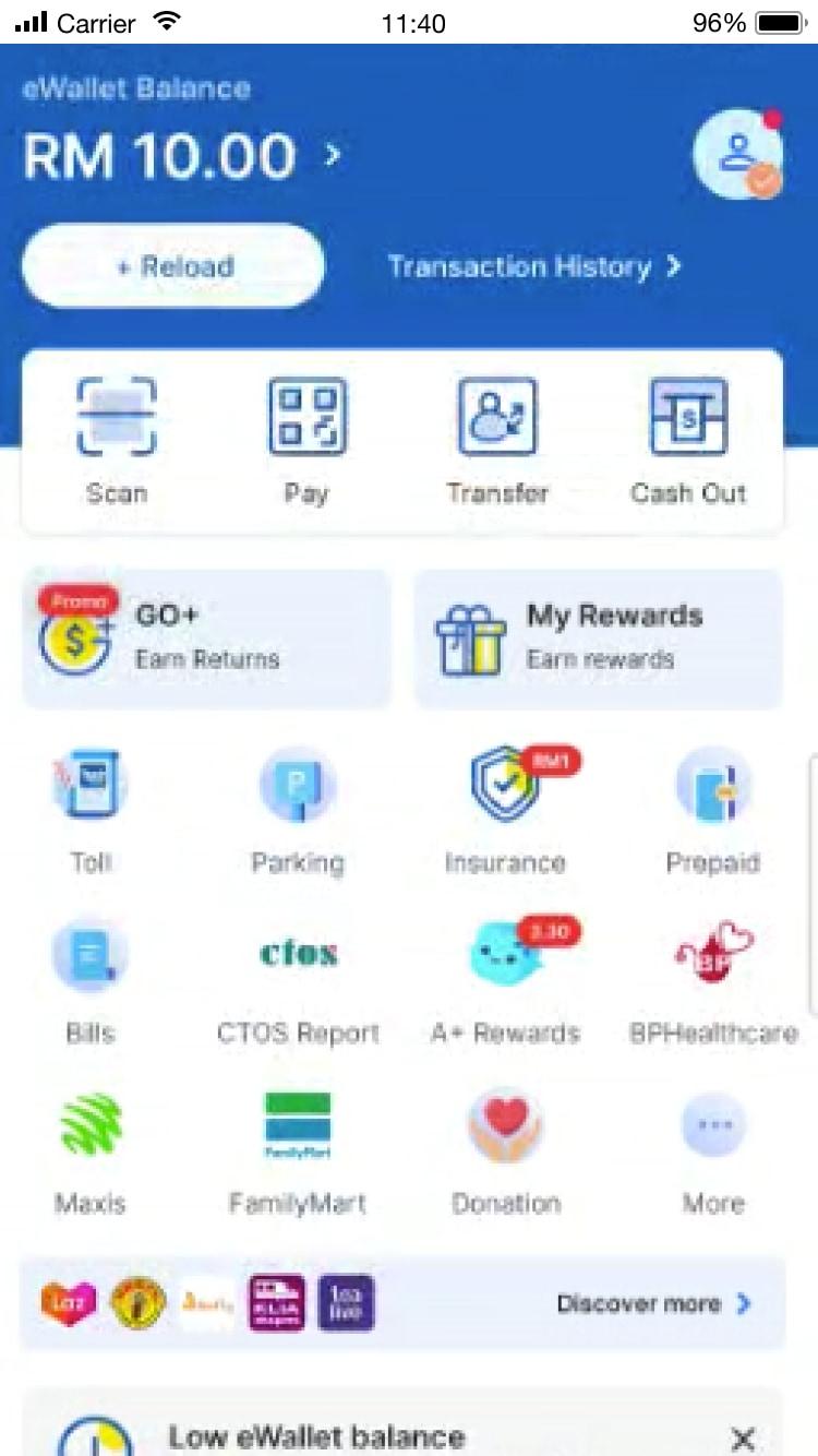 Mobiele portemonnee-app-interface met saldo, transactiegeschiedenis en diverse betaalopties