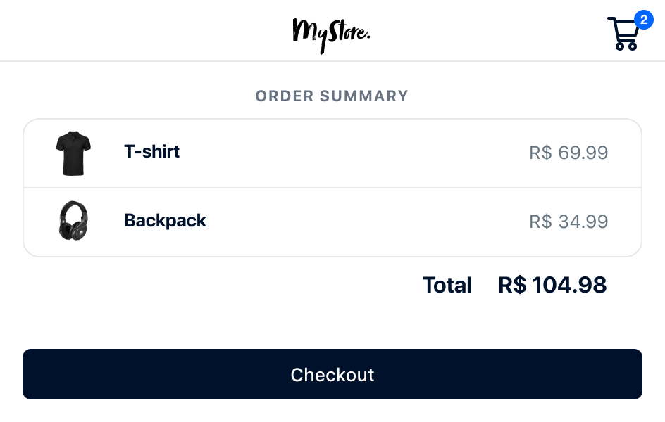 Online winkelwagen met een T-shirt en een rugzak met prijzen, in totaal R$ 104,98 voor afrekenen.
